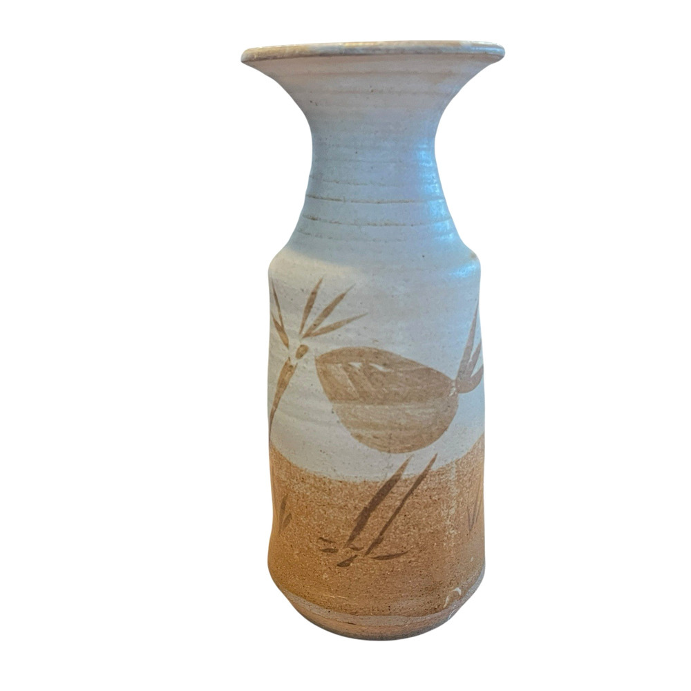 Rustic Zen Vase 1970s Studio Pottery Stoneware Botanical Tan Cream Retro Signed